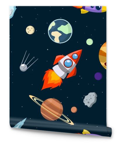 solar system vector kids cartoon planet seamless pattern. Rocket, UFO, planets Illustration, great for wallpaper, textile and texture design. Kids design, fabric, wrapping, apparel.