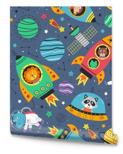 seamless pattern with space animals in rockets.Lion,hippo,koala,raccoon, monkey, frog and squirrel in space - vector illustration, eps    