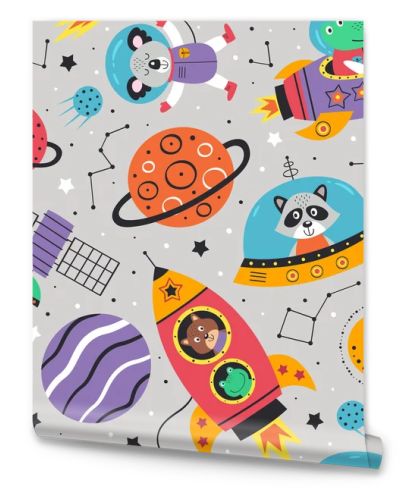 seamless pattern with space animals on gray background.Koala,crocodile, raccoon, frog and squirrel - vector illustration, eps    