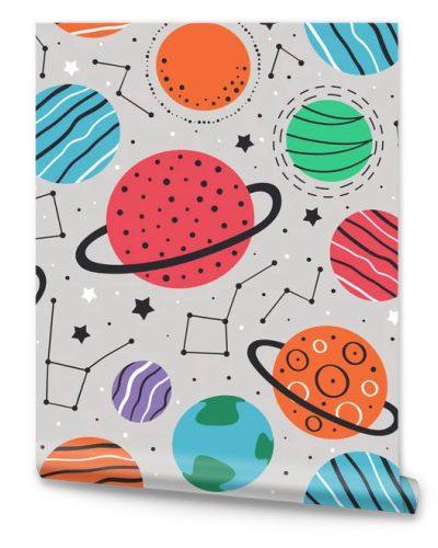 seamless pattern with planets and stars on gray background - vector illustration, eps    