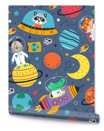 seamless pattern with space animals. Crocodile,dog,fox and raccoon in space - vector illustration, eps    