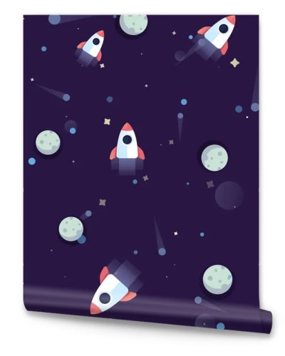 Pattern space rocket flying in cosmos space on background planets, meteorites and stars. Space ship in dark night cosmos seamless pattern.