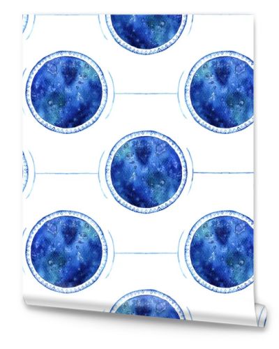 Watercolor seamless pattern symbolize planets. Blue circles on white background.