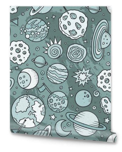 Cartoon hand-drawn space, planets seamless pattern. Lots of symbols, objects and elements. Perfect funny vector background.