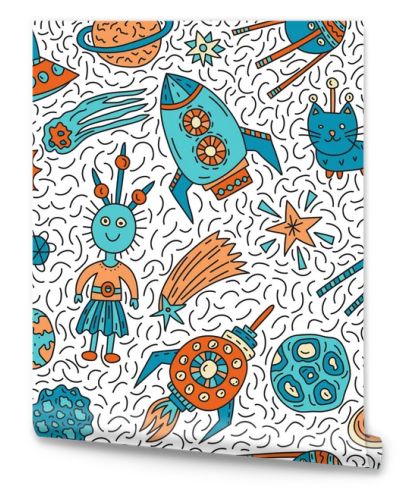 Seamless pattern with funny cartoon space elements