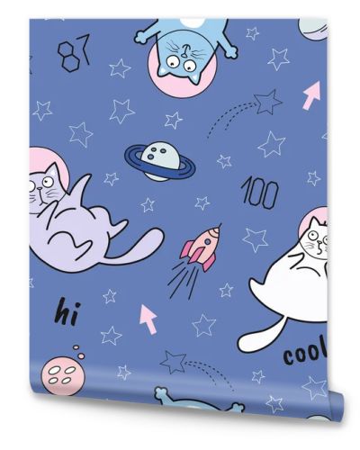 Funny cats in space seamless pattern. The pattern can be repeated without any visible seams