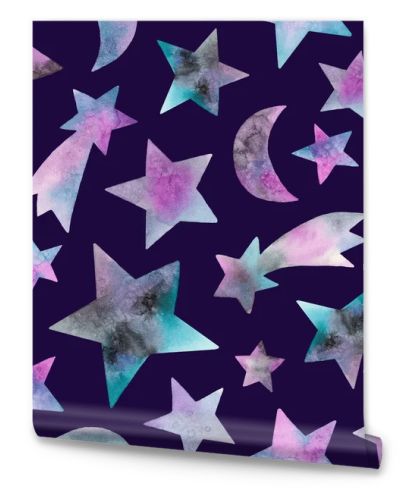 watercolor stars and celestial bodies. seamless pattern on a dark background