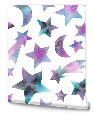 watercolor stars and celestial bodies. seamless pattern on a white background