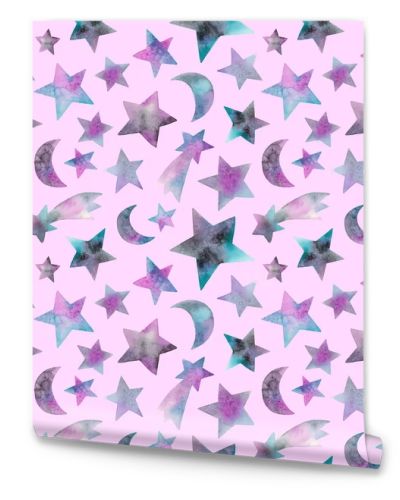 watercolor stars and celestial bodies. seamless pattern on a pink background