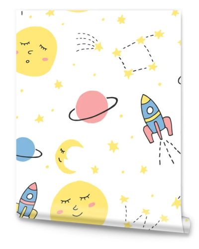 Cute vector seamless pattern with cosmic elements. Sleepy moon, planet, rocket and stars upon white background
