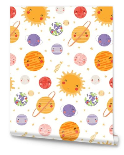 Hand drawn seamless vector pattern with cute Solar system planets and stars in space on white background. Scandinavian style flat design. Concept for children textile print 