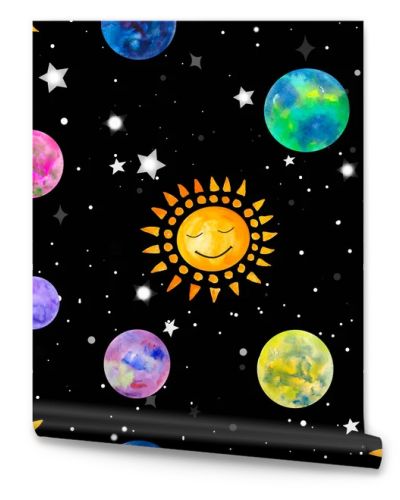 Watercolor seamless pattern with star sky, sun, planet system