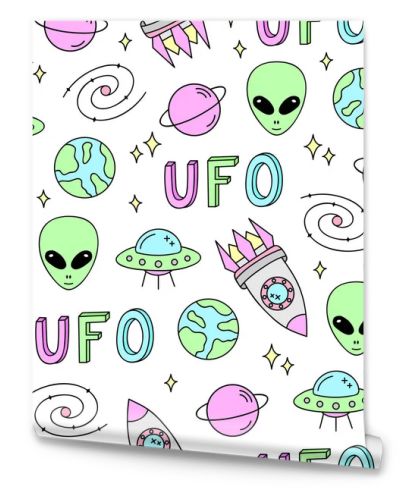 Colorful cute space vector seamless pattern. Universe, outer space objects background. Alien, spaceship, ufo, galaxy, planets, stars.