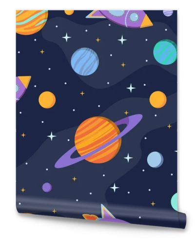   Space seamless pattern with planets, stars and galaxy. Vector illustration for textile, fabric, wallpaper.