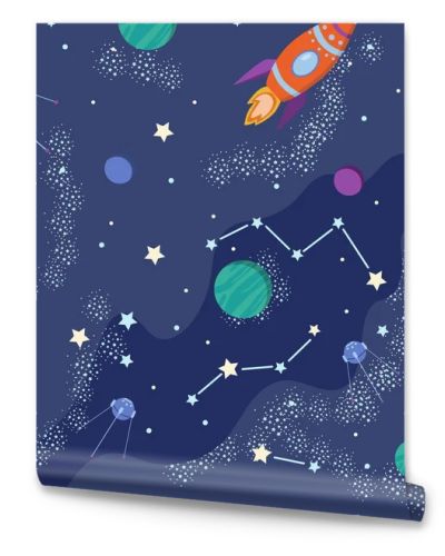 Vector hand drawn cosmic illustration. Space seamless pattern with planets, stars, rockets. Chilish design for textile, wrapping, nursery.