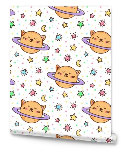 Seamless pattern with cat planet and stars, moon on a white background. It can be used for packaging, wrapping paper, textile and etc. Excellent print for children's clothes, bed linens, etc.