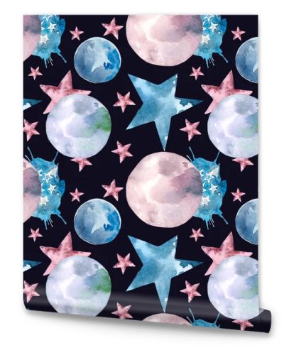 Seamless watercolor pattern with planets
