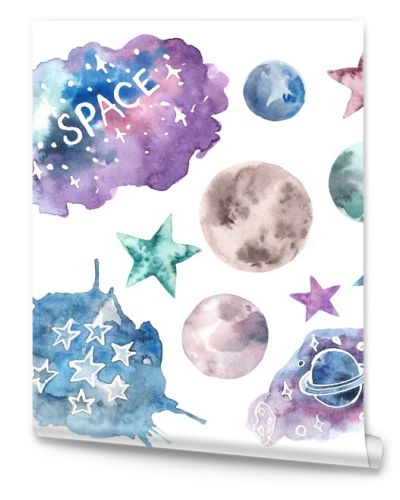 Watercolor set with planets stars and space