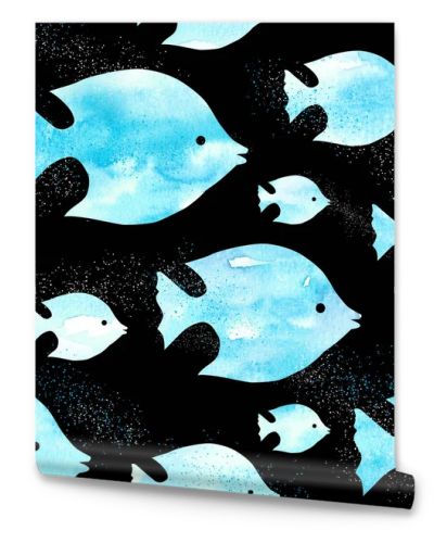 fishes silhouette of a bright blue sky on the dark blue background seamless pattern illustration