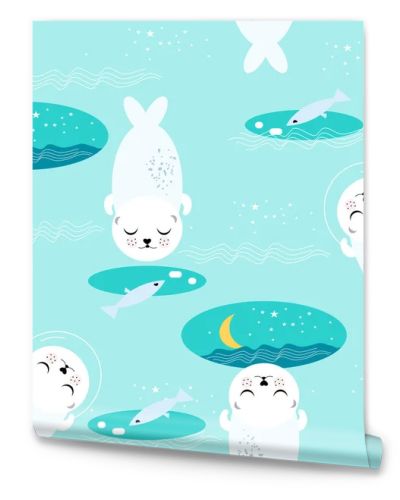 Seamless pattern with cute fur seals.Ice hole with fishes and waves.Walrus cosmonaut or sea calf in space around stars.Arctic theme print in kawaii style for fabric,childish clothes or phone case