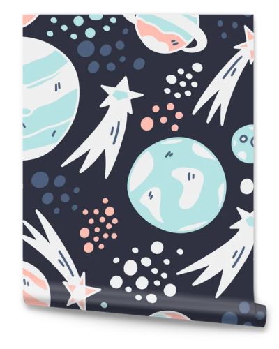 Seamless pattern with space elements on dark background. Earth, Moon, Venus and stars. Textile, wrapping paper