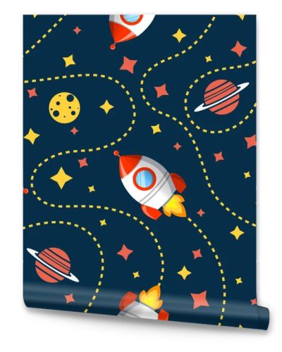 Seamless cosmic pattern with rocket, saturn, moon and star. Space pattern on dark background