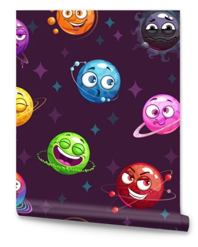 Seamless pattern with funny planets on the space background. Cartoon childish cosmic texture.