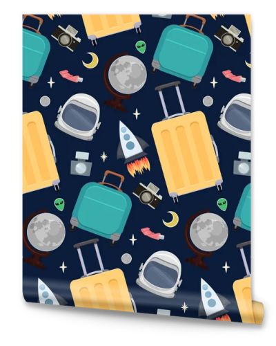 Seamless pattern with travelers suitcases, astronauts helmet, globe of the moon, rocket. Space tourism. Vector texture for wrapping paper, wallpaper and your creativity