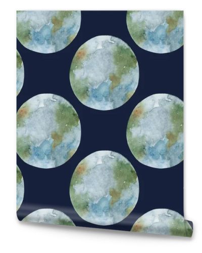 Seamless pattern with the watercolor drawing of the planet earth on a dark blue background.