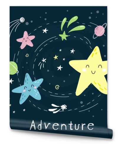 Cute cartoon moon, stars, comets and planet in the night sky. Inscription ladventure. Bright vector illustration suitable for greeting card, poster or print on a T-shirt. Doodle illustration for kids vector print.