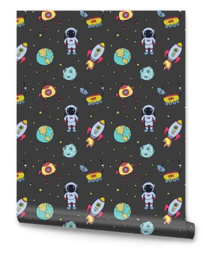 Seamless pattern with hand drawn different space objects. Vector illustration.