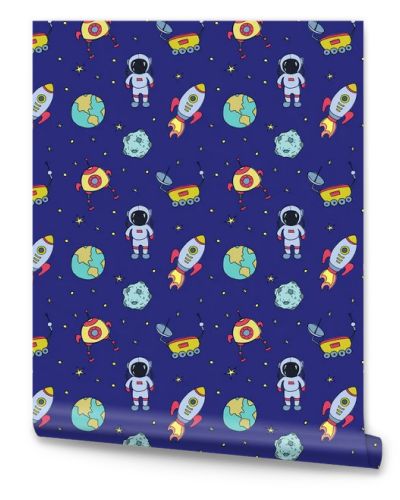 Seamless pattern with hand drawn different space objects. Vector illustration.