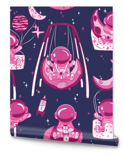 Cute pink Space cadets. Kids, toddler, baby astronauts playing with space themed toys. Seamless pattern. Great for space or kids themed fabric, scrap-booking, gift-wrap, wallpaper, product design. Surface design. Vector