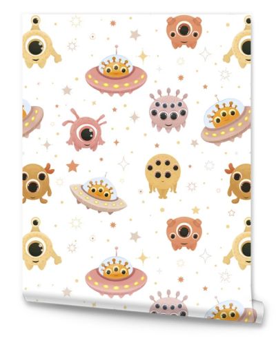  Space theme, boho colors, seamless pattern with cartoon aliens, monsters and decorative stars, pattern, children's pattern