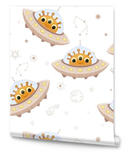 Space theme, boho colors, seamless pattern with funny aliens and decorative elements, comet, planet, sun, stars, pattern, kids pattern