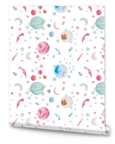 Watercolor illustration. Seamless pattern of hand painted planets, stars, moon, meteorite, asteroid. Celestial bodies in outer space. Pluto, Uranus, Venus. Space Day. Print on white background