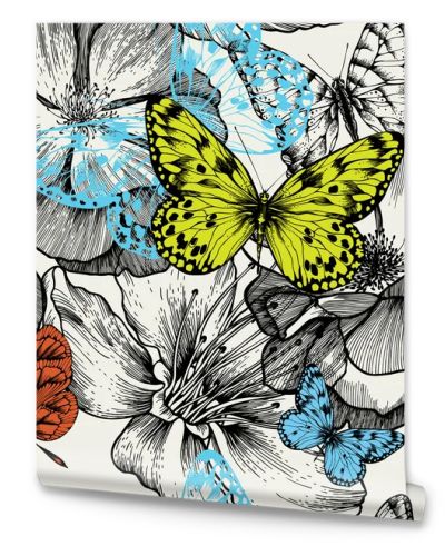 Seamless pattern with blooming roses and flying butterflies