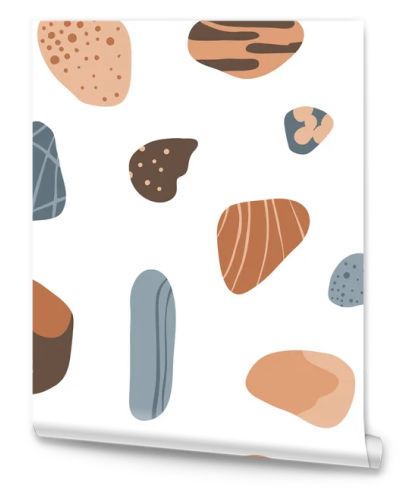 Simple stylized stones seamless pattern. Nature organic graphic elements set. Beige, blue and brown. Abstract flat vector texture. Minimalist shapes. Colorful mineral rock stones, pebbles.