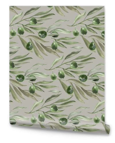 green olive branch with leaves on gray background. watercolor ar