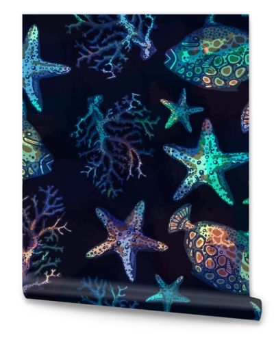 Exotic fishes, corals and starfishes colorful seamless pattern.