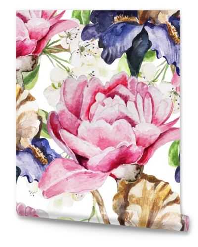 Seamless pattern with watercolor flowers. Iris. Peonies