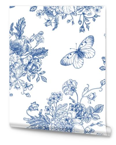 Seamless  pattern  flowers and butterflies.