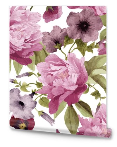 Pattern with pansy, convolvulus and peonies