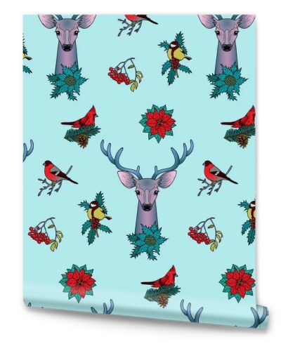 Winter Colorful Seamless Pattern with Deer and Birds