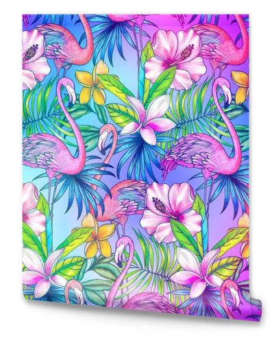 seamless pattern with tropical florals and flamingo.