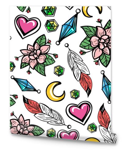 Seamless pattern with flowers and feathers