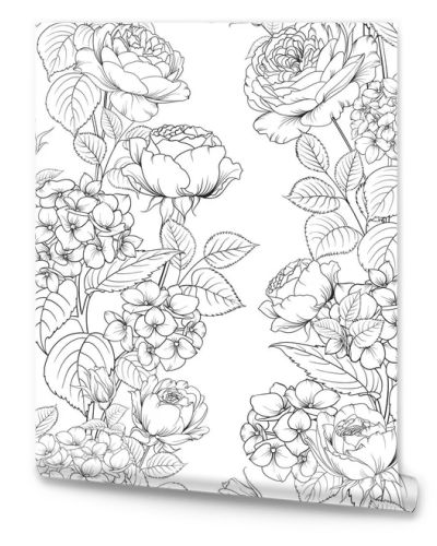 Seamless pattern of rose flower for fabric design. Luxurious line art of spring flowers.