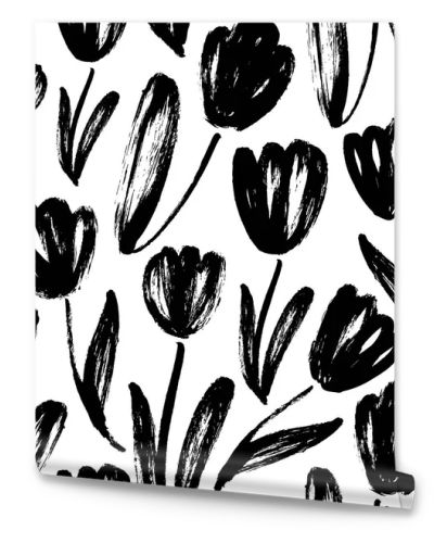 Seamless pattern with tulips. Abstract vector natural texture. Modern monochrome background. Black and white ink brush texture. Flowers grunge brushstroke drawing. Floral textile, wrapping paper.