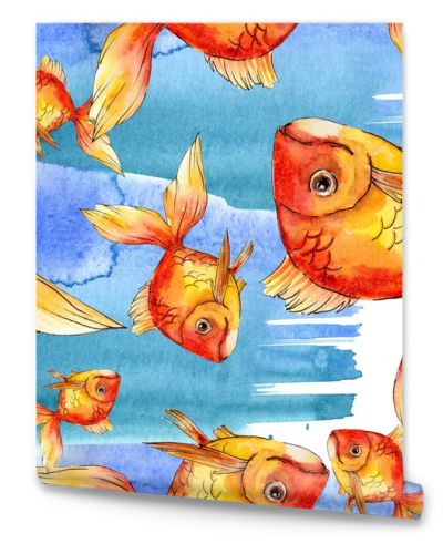 Watercolor aquatic colorful goldfishes with colorful abstract illustration. Seamless background pattern. Fabric wallpaper print texture.