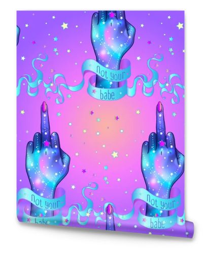 Female hand showing middle finger, galaxy inside. Seamless pattern. Occult design vector illustration in pink pastel goth colors isolated on white. Sticker, patch, poster graphic design.